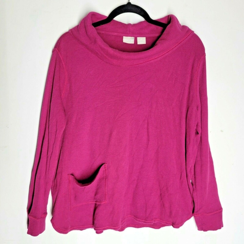Chicos Zenergy Womens Top Hot Pink Waffle Knit Cowl Neck Thermal Size 2P (Large)